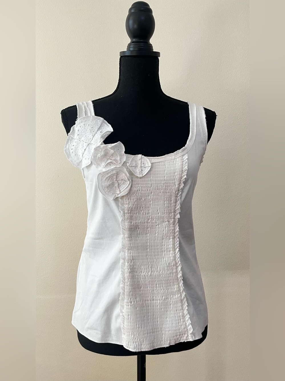 BCBGMaxAzria White Smocked Tank with Floral Appliqué